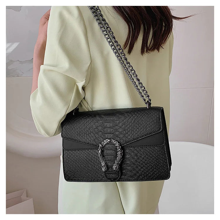 Retro Crossbody Bag with Snake Pattern Square Silhouette for Women