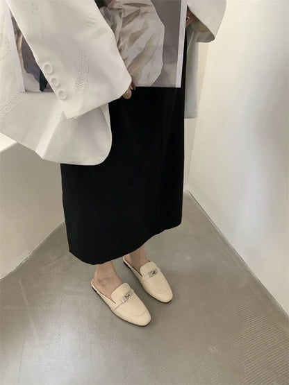 2025 Summer Autumn New Women's Leather Comfortable Slip On Slippers Daily Metal Decoration Casual Outside Mules Female Sandals