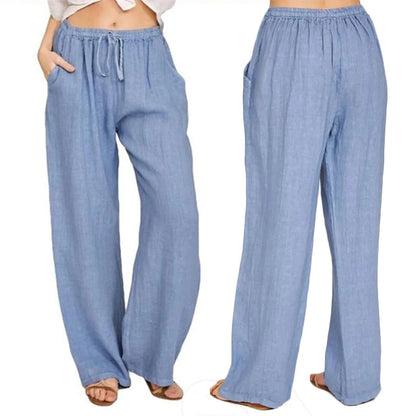 Women's wide-leg cotton-linen pants with drawstring waist