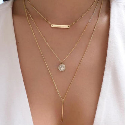 Necklace layered crystal pendant necklace set with rhinestones and metal bars