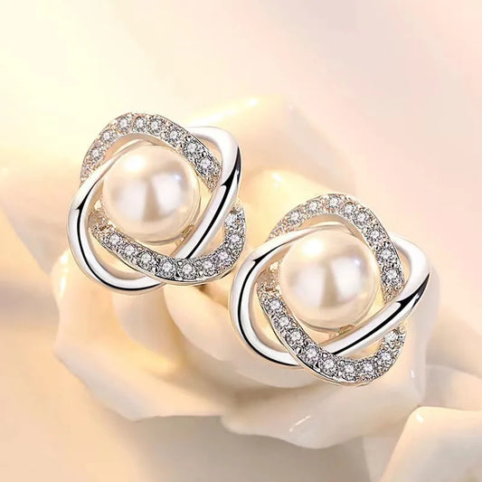 Elegant 14k Gold Stud Earrings with Zircon Pearl Twist for Everyday Wear