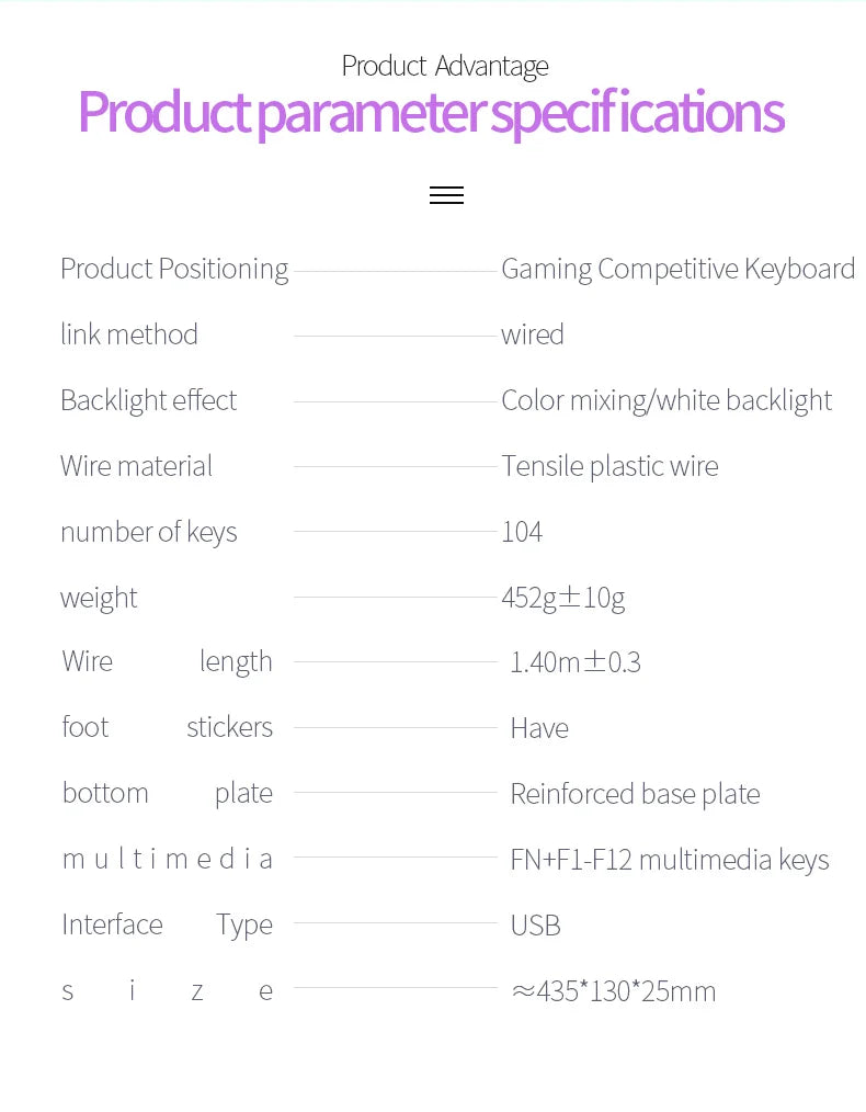 Mechanical typewriter keyboard wired specification table with 104 keys and USB interface