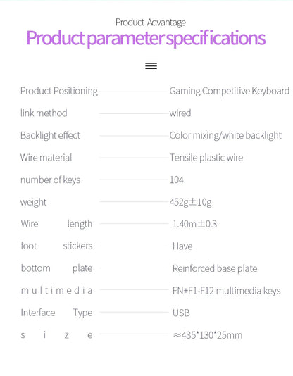 Mechanical typewriter keyboard wired specification table with 104 keys and USB interface