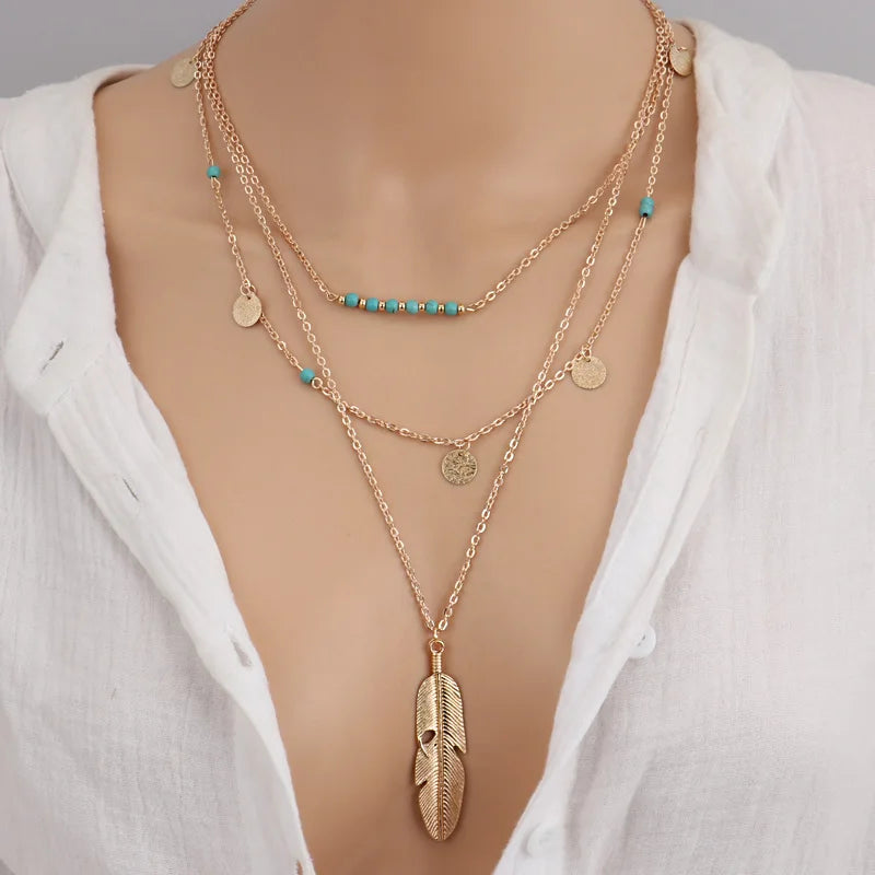 Gold-tone multilayer necklace with turquoise beads, coin charms, and a feather pendant.