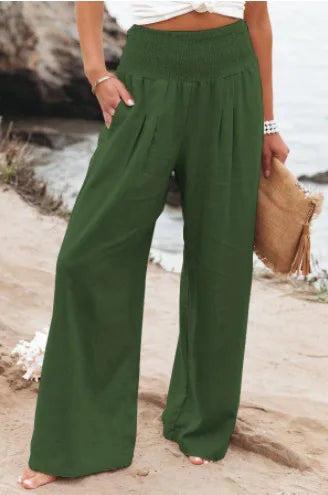 Women's Nylon-Cotton Blend Pants With Drawstring Wide-Leg And Mid Rise Breathable