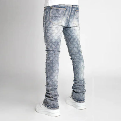 Stretchy Pearls Skinny Jeans For Men 2024 New Fashion Fashion Rhinestone European Street Personality Stacked Denim Pants