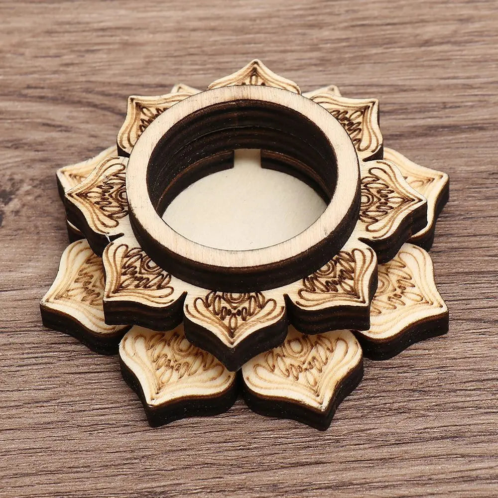 Brown wooden lotus-patterned crystal ball stand with layered petal details and a central ring holder.