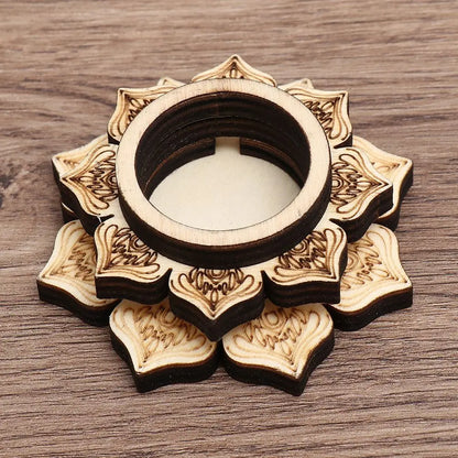 Brown wooden lotus-patterned crystal ball stand with layered petal details and a central ring holder.
