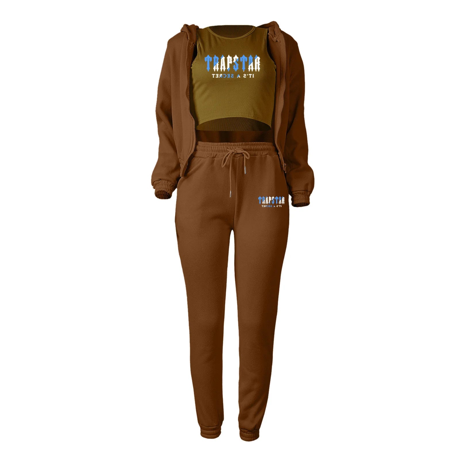 Brown knit sweater set with olive crop top, letter print, and drawstring pants for lounge wear.