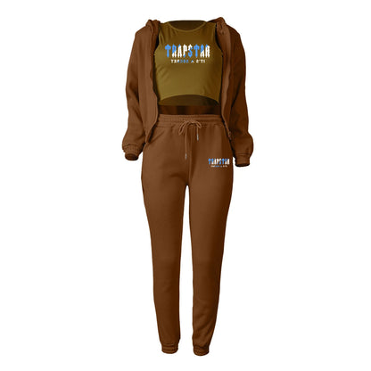 Brown knit sweater set with olive crop top, letter print, and drawstring pants for lounge wear.