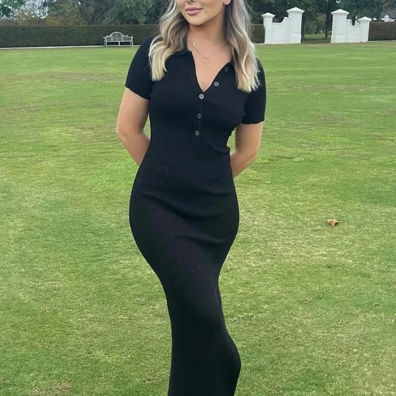 Breathable Silk Blend Maxi Dress With Turn Down Collar For Resort Wear