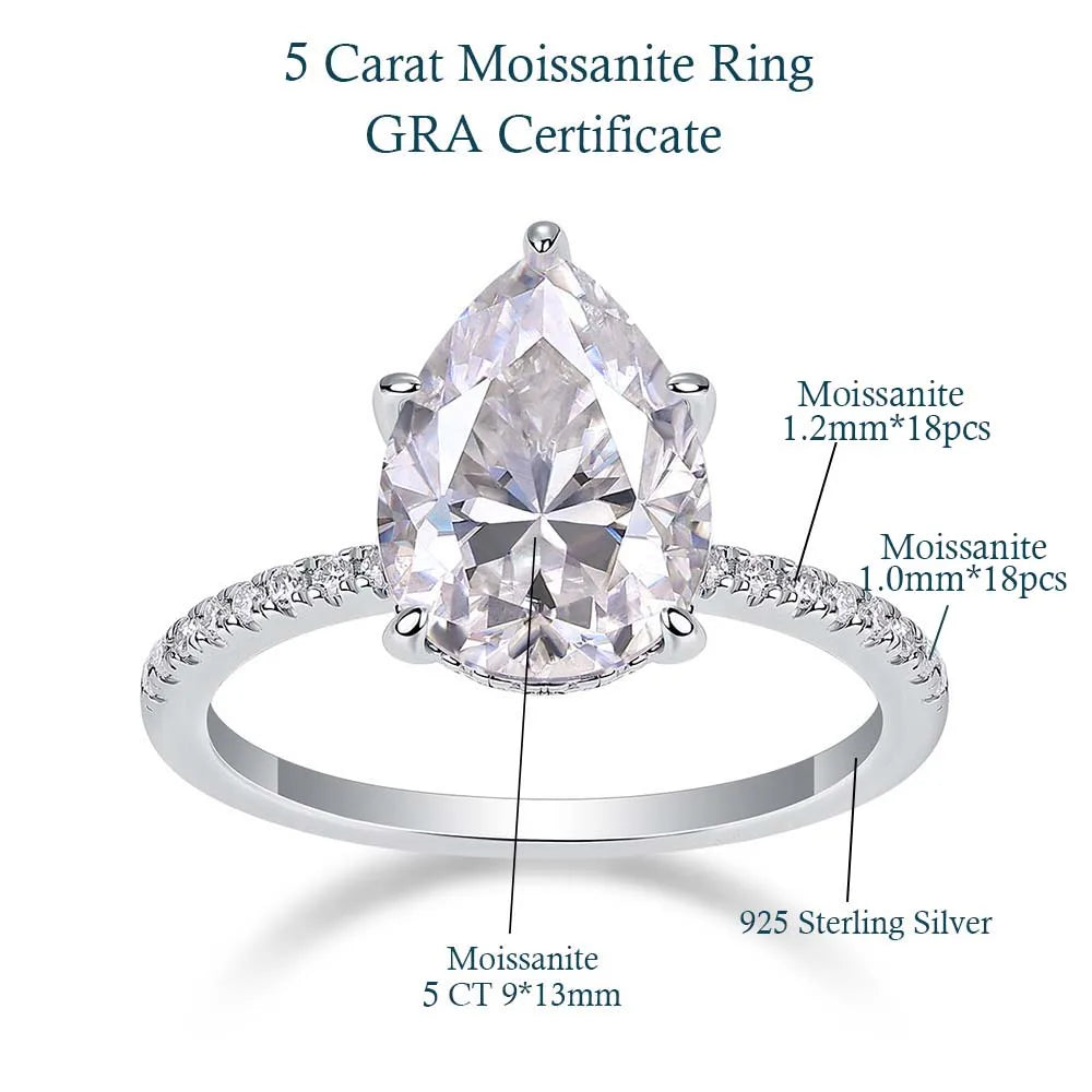 Pear-Cut Ring with Moissanite Center Stone GRA Certification D Color VVS1 for Engagement