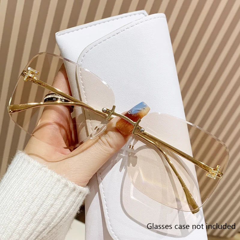 Featherlight Rimless Sunglasses Large Square Frame with Diamond Accent