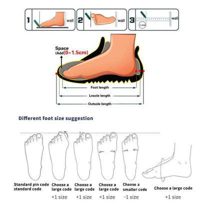 A three-step foot measurement guide and sizing chart for women's fashion sneakers and shoes.