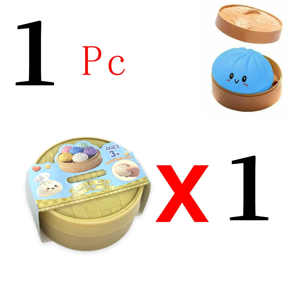 Blue silicone dumpling fidget toy inside a brown miniature steamer, a soft sensory toy for stress relief.