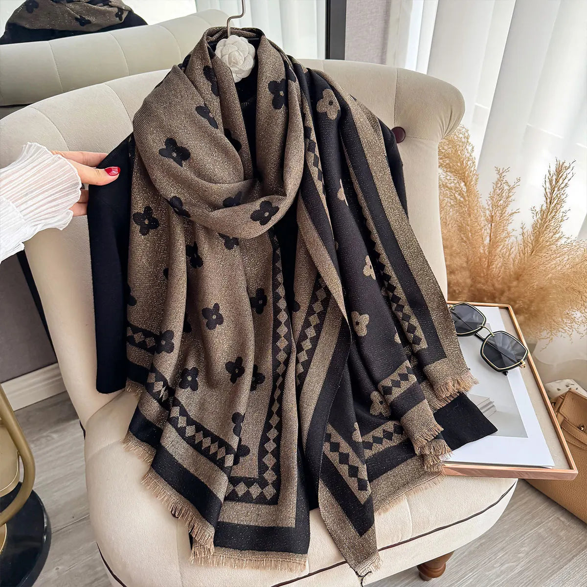Golden Thread Shawl Lightweight Draping for Resort Wear