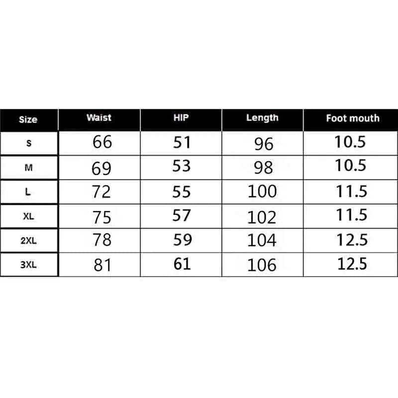 Black and white size chart table for stretchy joggers with measurements for waist, hip, length, and foot opening.