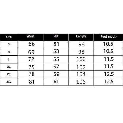Black and white size chart table for stretchy joggers with measurements for waist, hip, length, and foot opening.