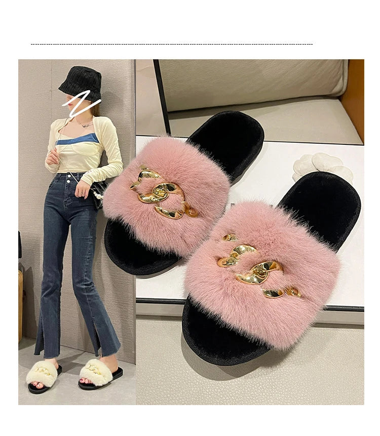 Plush Slippers for Women with Chain Detail and Cushioned Sole