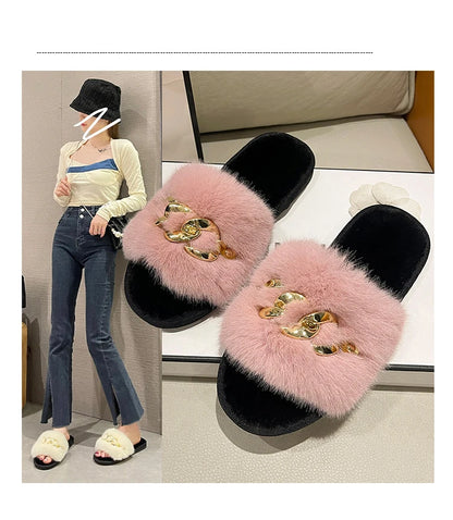 Plush Slippers for Women with Chain Detail and Cushioned Sole