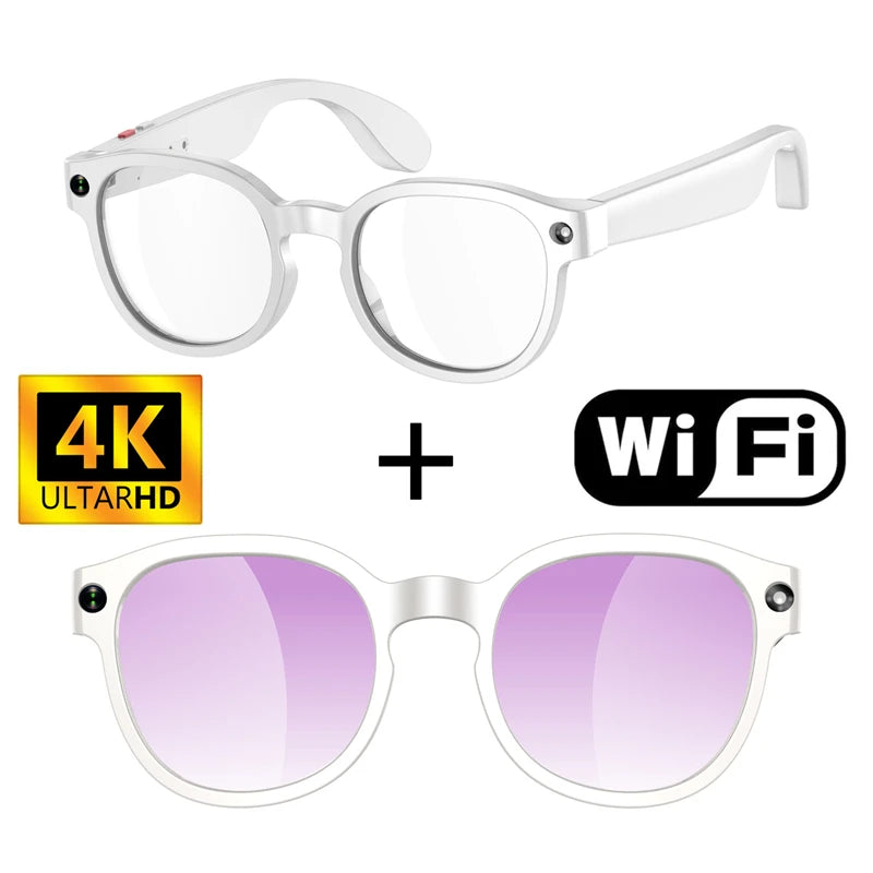 White lightweight smart wearables with built-in camera and purple lenses for hands-free photography and translation.