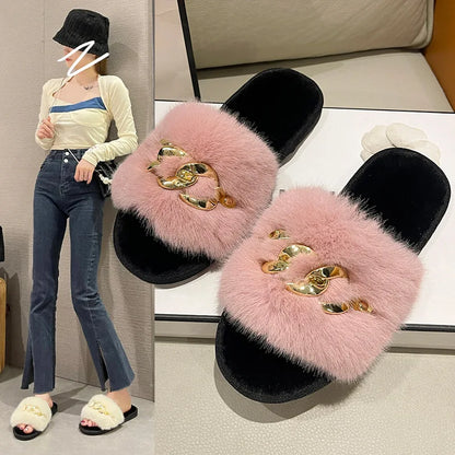 Plush Slippers for Women with Chain Detail and Cushioned Sole