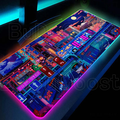 Large RGB LED gaming desk mat with city sunset print