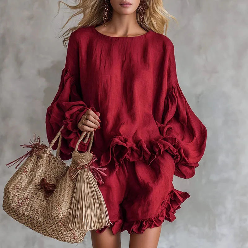 Women’s two-piece set with lantern-sleeve top and shorts