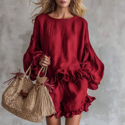 Women’s two-piece set with lantern-sleeve top and shorts
