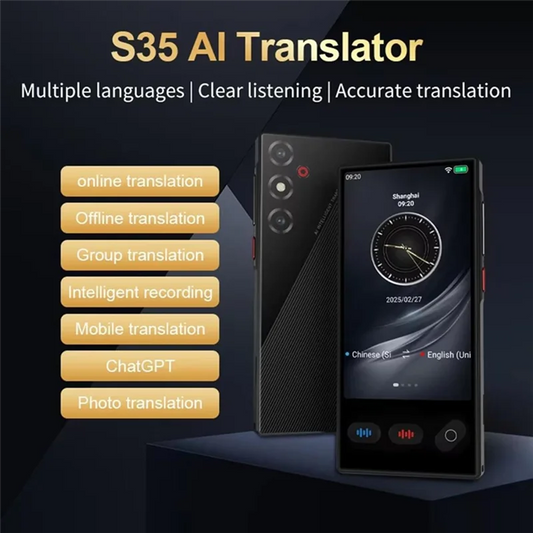 Black, sleek handheld AI language translator with screen for travel and real-time voice and photo interpretation.