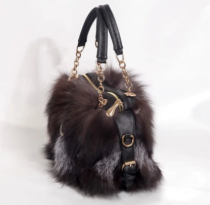 Real Fur Women Handbags Women Luxury Fox Fur Bag Fashion Female Furry Handbag Real Leather Evening Bag Natural Fur Shoulder Bag