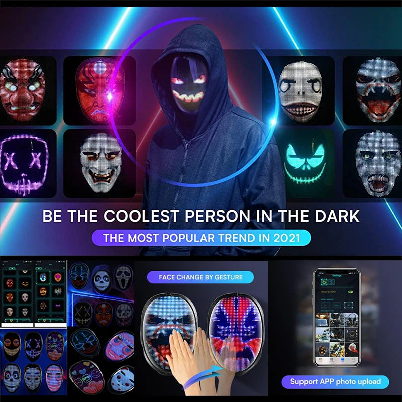 LED Mask Gesture Sensing RGB Full Color Variable Face DIY Photo Animated Editing Maske Halloween Gift For Party Rave