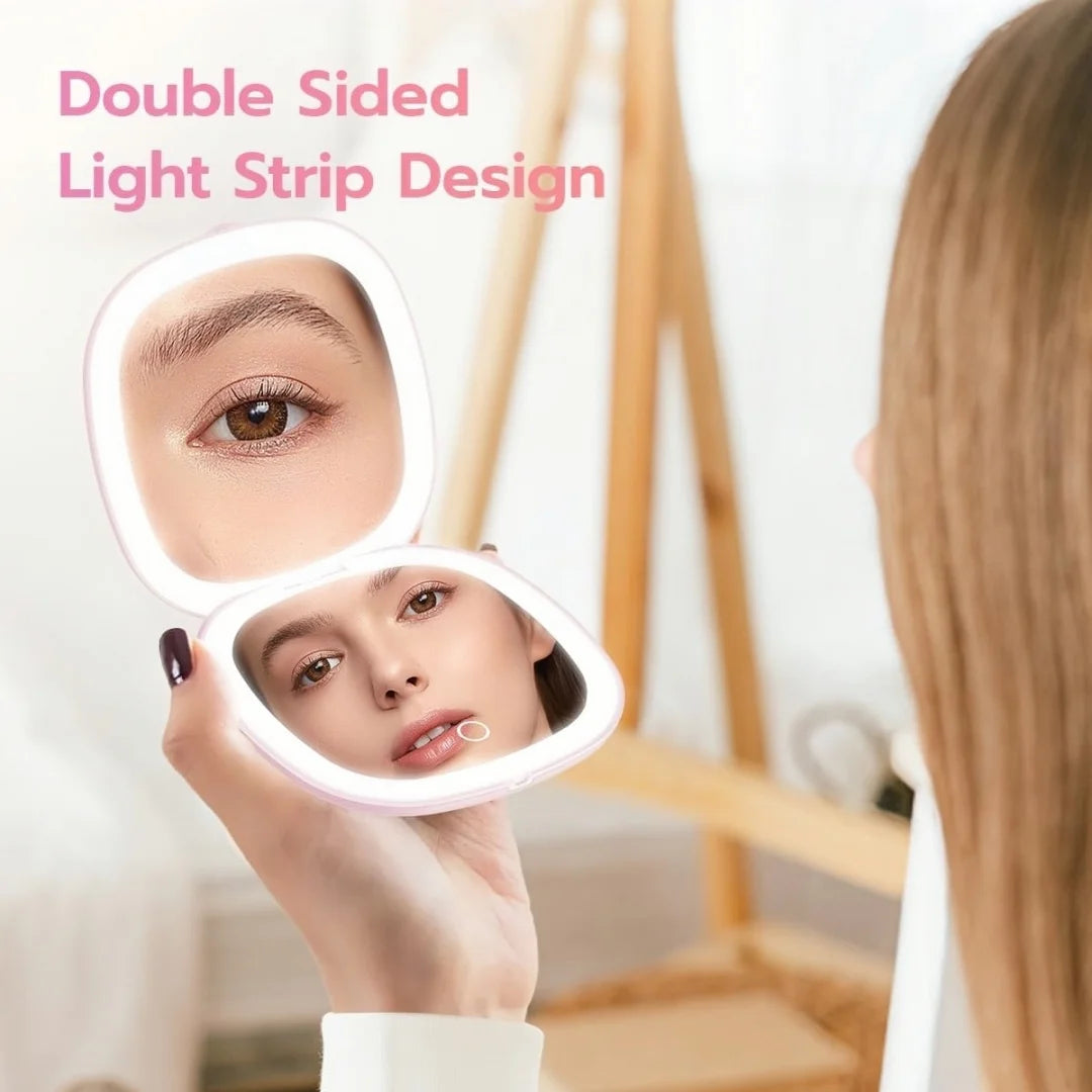 Portable Makeup Mirror with LED Fill Light Pocket Handheld Round Folding USB Charging Adjustable Hairdressing Tri Color Light