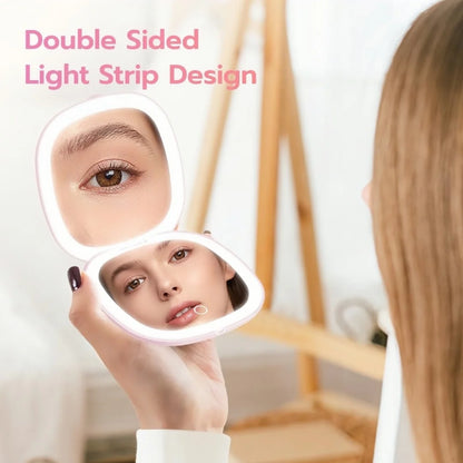 Portable Makeup Mirror with LED Fill Light Pocket Handheld Round Folding USB Charging Adjustable Hairdressing Tri Color Light