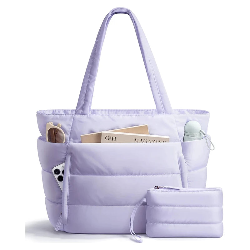 Light purple multi-pocket puffy tote with zip closure for travel and work organization.