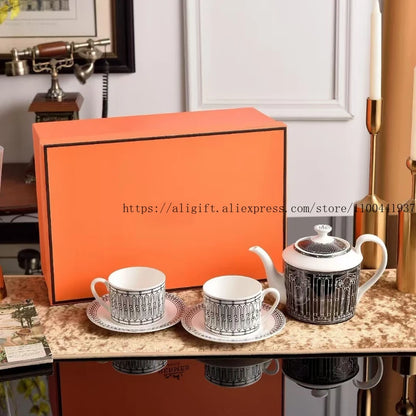 Delicate Bone China Coffee Cup Set with Teapot for Two and Fingerprint Resistant Glaze