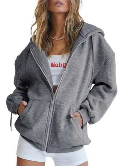 Women's Cotton Blend Hooded Sweatshirt With Zipper And Drawstring Pocket Long Sleeve