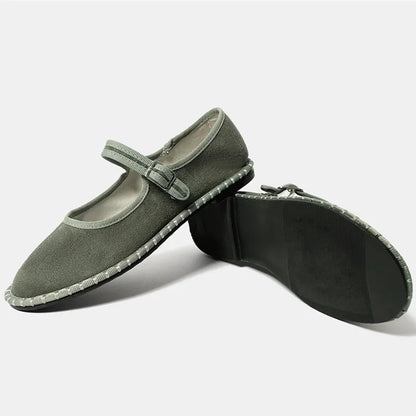 Women's floral-lined Mary Jane flats with buckle strap