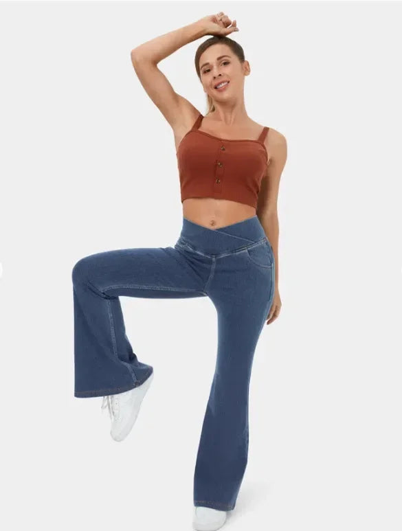 Stretch Pants High Waisted Crossover Flare with Bootcut Silhouette