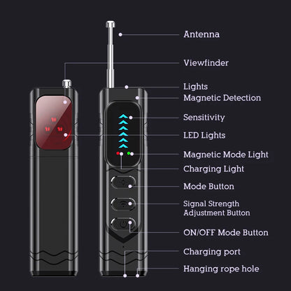 Black smart camera detector with antenna, LED indicators, three control buttons, and a red viewfinder lens.