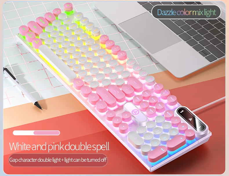 Mechanical typewriter keyboard with round retro LED backlit keys and numeric keypad
