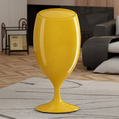 Yellow wine-glass-shaped trash can with dimensions and inset feature photos on the left.