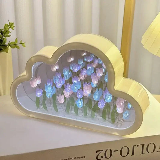 Crystal Glass Desk Night Light Tulip Cloud Motif Sculpted Base Glow
