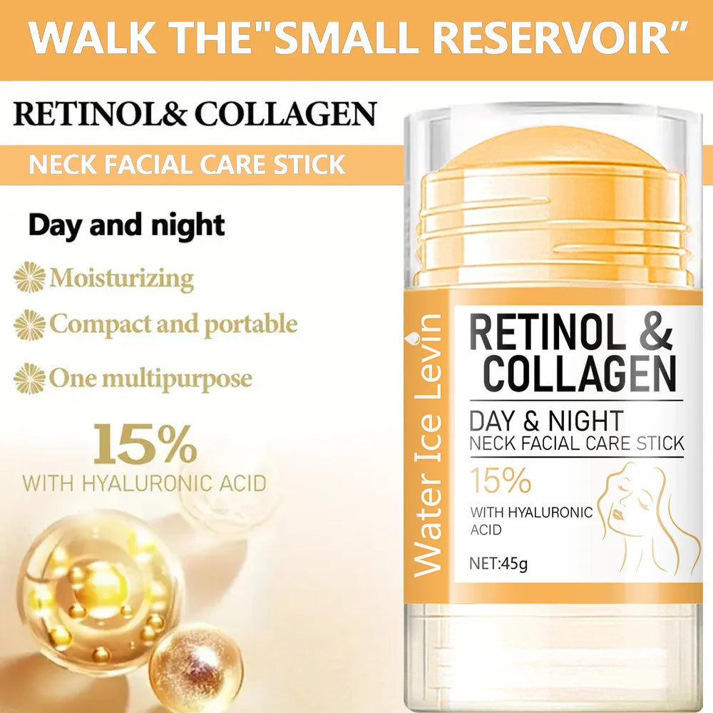 Retinol & Collagen neck facial care stick in a clear plastic container with a yellow label and text.