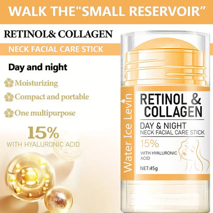 Retinol & Collagen neck facial care stick in a clear plastic container with a yellow label and text.