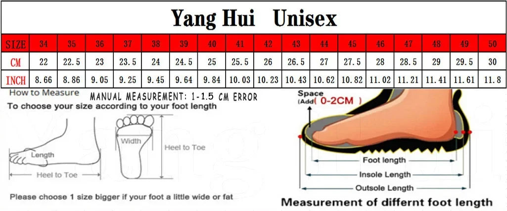 Size chart table for Yang Hui unisex shoes, displaying sizes 34 to 50 with measurements in centimeters and inches, plus a sizing guide.