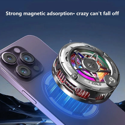 Silver magnetic phone cooler with RGB lighting and digital display for handheld gaming tech and electronics.