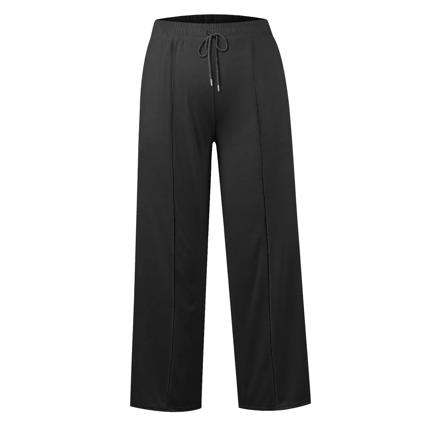 Black high waist flowy pants with fleece lining and drawstring for cold weather comfort.