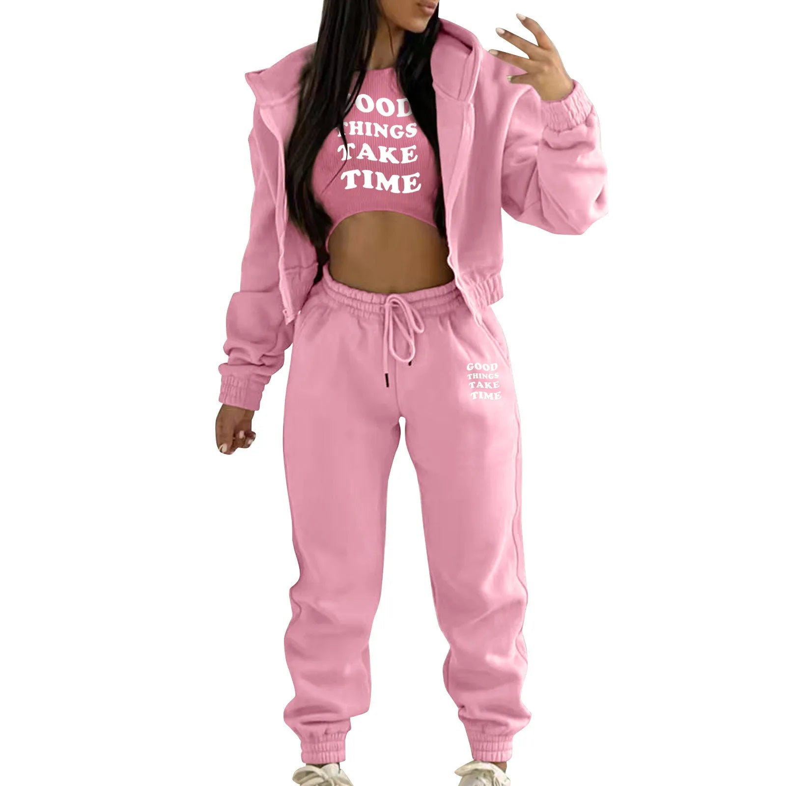 Pink relaxed knit sweater set with letter print, zip hoodie, and high waist joggers for loungewear.