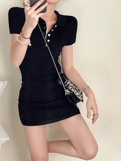 Breathable Polo Neck Knit Dress with Hollow Out Panels for Beachwear
